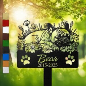 French Bulldog resting in a peaceful sleeping pose within a daisy floral border on a personalized metal garden stake, with paw print cutouts at the base.