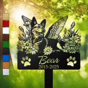 German Shepherd silhouette with angel wings surrounded by a daisy floral border on a personalized metal garden stake, with paw print cutouts at the base.