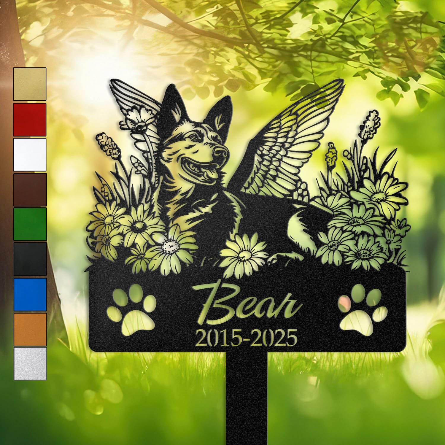 German Shepherd silhouette with angel wings surrounded by a daisy floral border on a personalized metal garden stake, with paw print cutouts at the base.