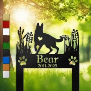 German Shepherd silhouette with a heart cutout framed by wild grasses on a two-post personalized metal garden stake.