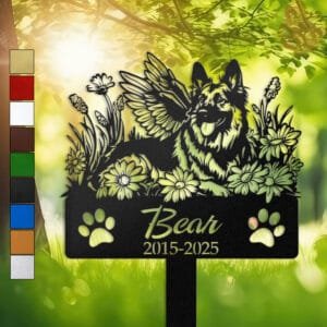 German Shepherd silhouette with angel wings surrounded by a daisy floral border on a personalized metal garden stake, with paw print cutouts at the base.