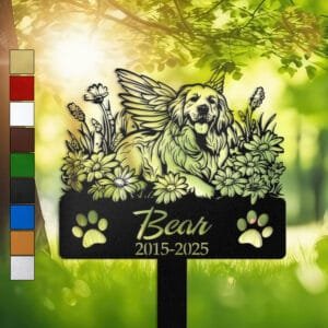 Golden Retriever silhouette with angel wings surrounded by a daisy floral border on a personalized metal garden stake, with paw print cutouts at the base.