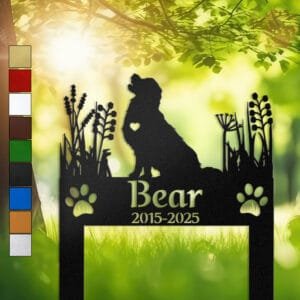 Golden Retriever silhouette with a heart cutout framed by wild grasses on a two-post personalized metal garden stake.