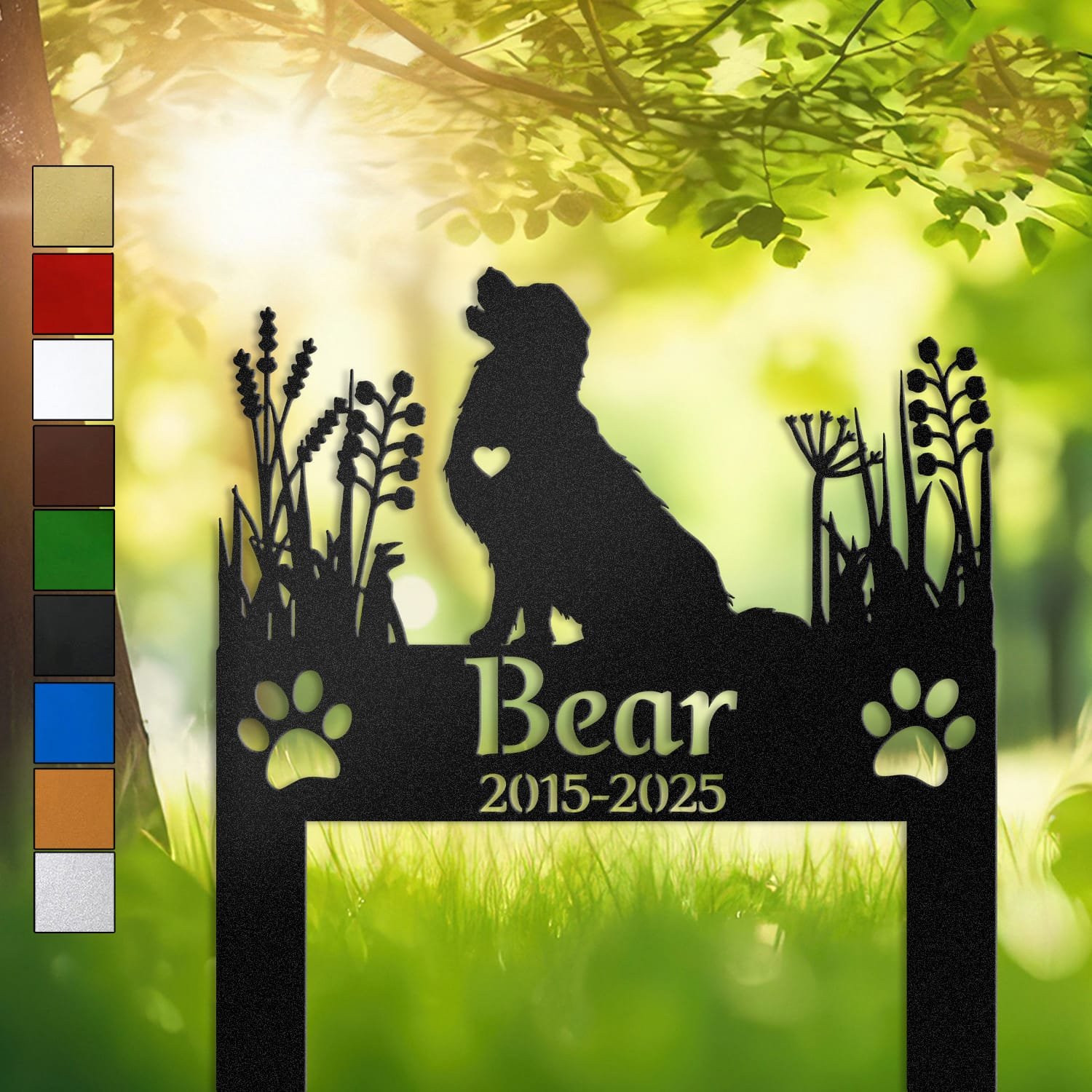 Golden Retriever silhouette with a heart cutout framed by wild grasses on a two-post personalized metal garden stake.