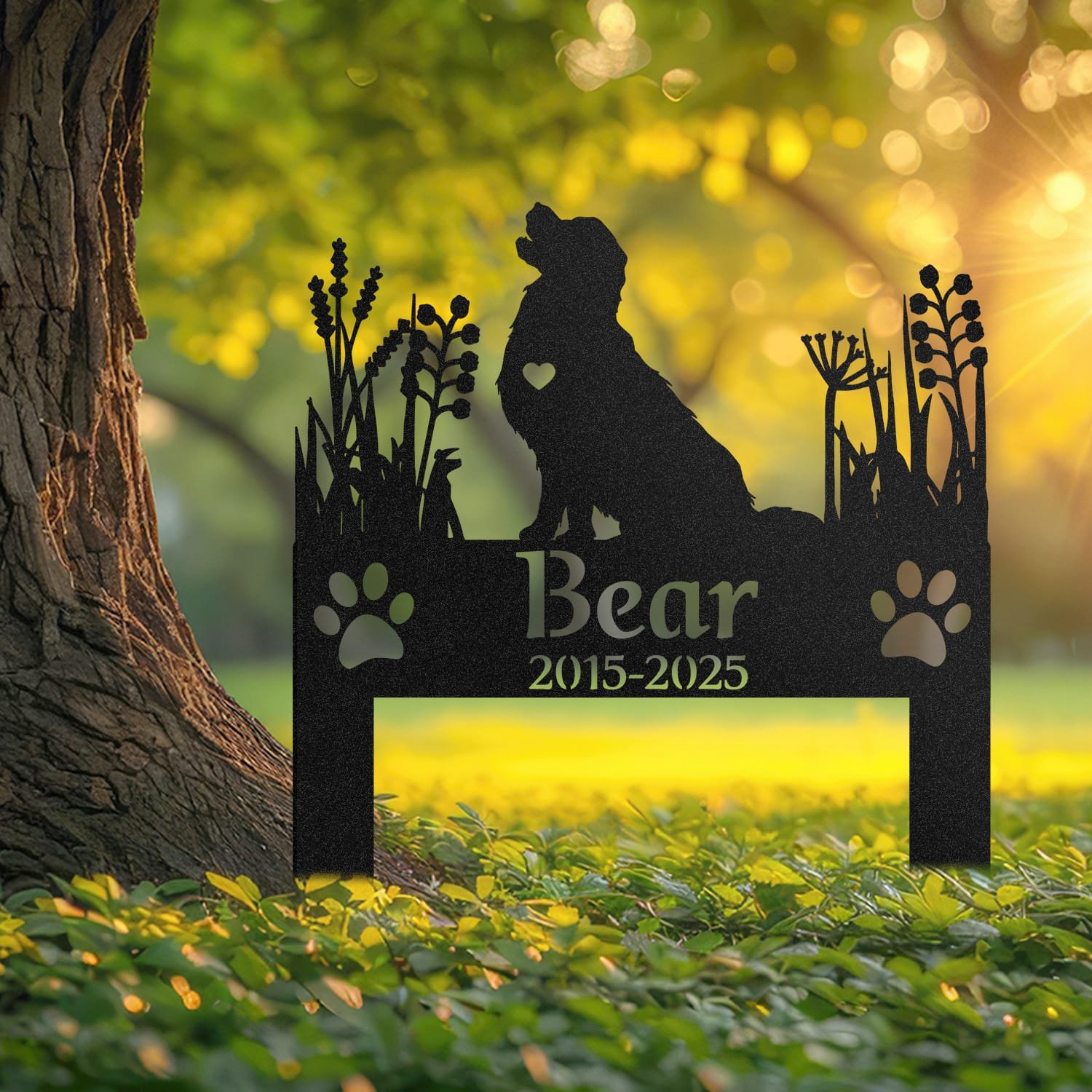 Golden Retriever pet grave marker displayed outdoors in a garden setting, showing the personalized heart-cutout silhouette design in place on the stake.