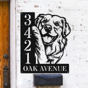 Personalized Golden Retriever address sign with a happy Golden Retriever face peeking over a vertical house number plaque reading 3421 Oak Avenue