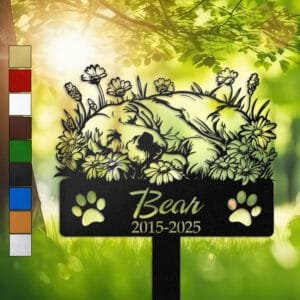 Golden Retriever resting in a peaceful sleeping pose within a daisy floral border on a personalized metal garden stake, with paw print cutouts at the base.
