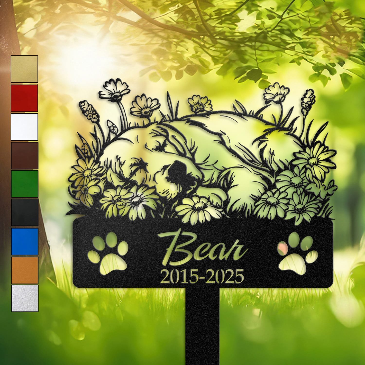 Golden Retriever resting in a peaceful sleeping pose within a daisy floral border on a personalized metal garden stake, with paw print cutouts at the base.