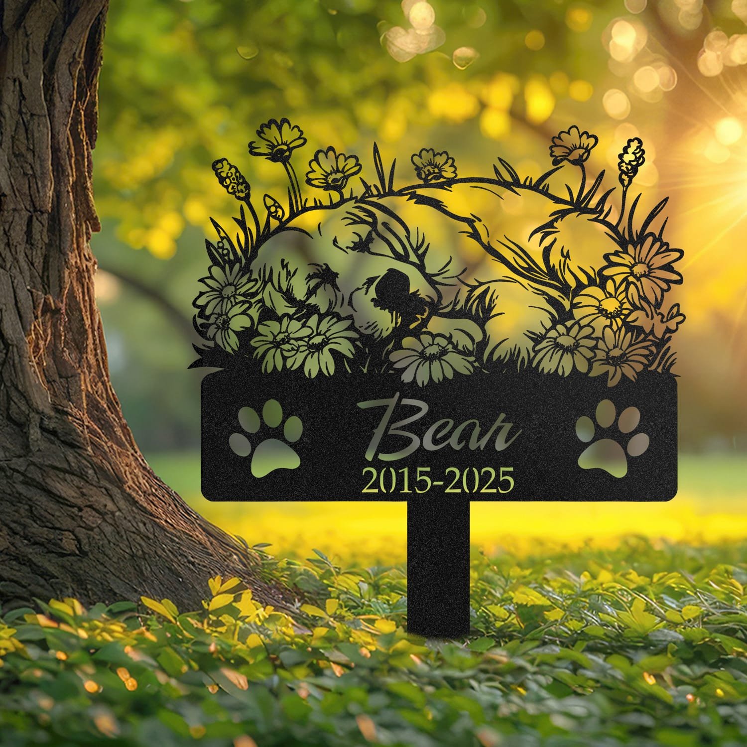 Golden Retriever pet grave marker displayed outdoors in a garden setting, showing the personalized sleeping-pose daisy floral design in place on the stake.