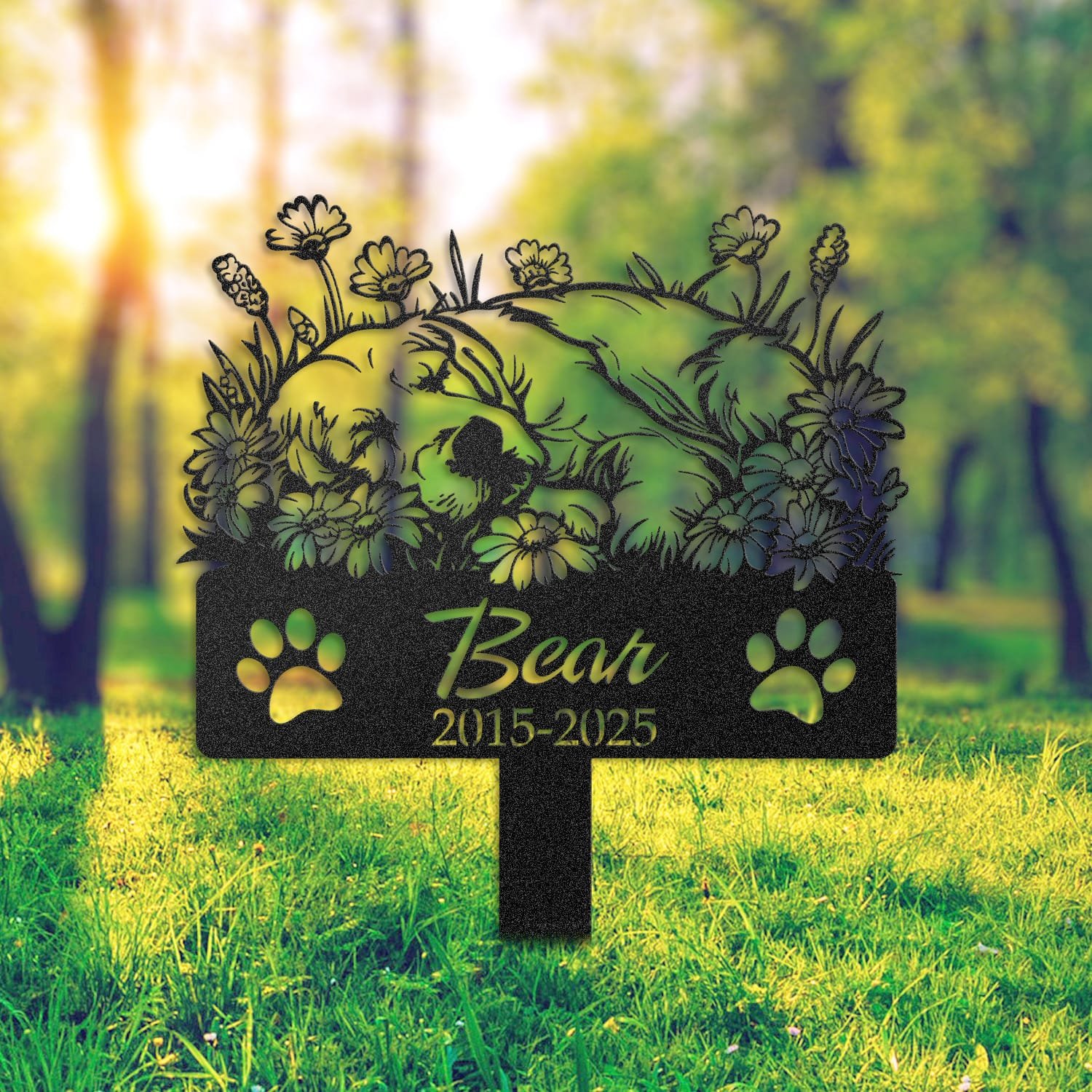 Golden Retriever pet grave marker staged near a home entryway, showing the finished sleeping-pose daisy floral design and name plate outdoors.