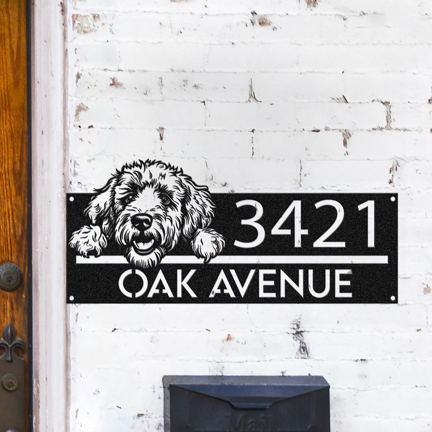 Goldendoodle peeking over a compact horizontal address sign reading 3421 Oak Avenue