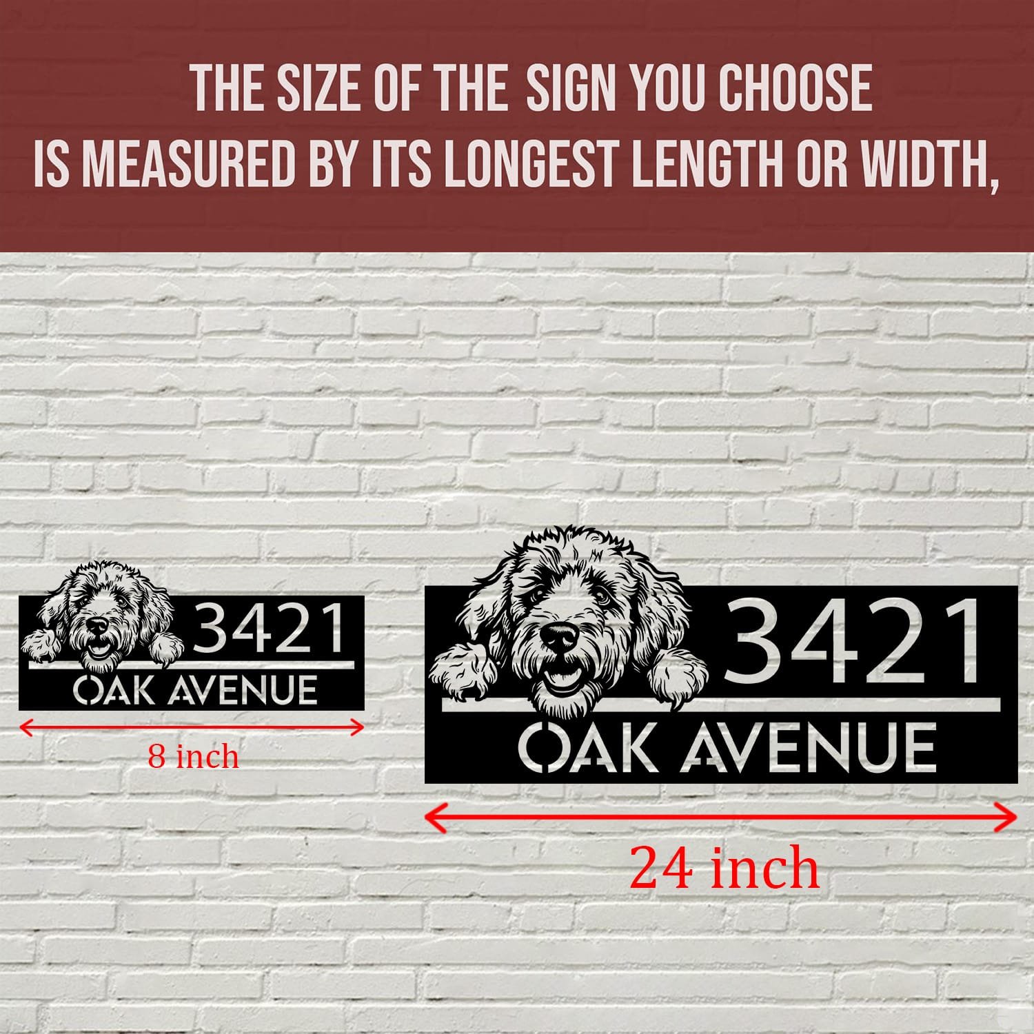 Size comparison chart showing the Goldendoodle address sign at 8 inch and 24 inch sizes