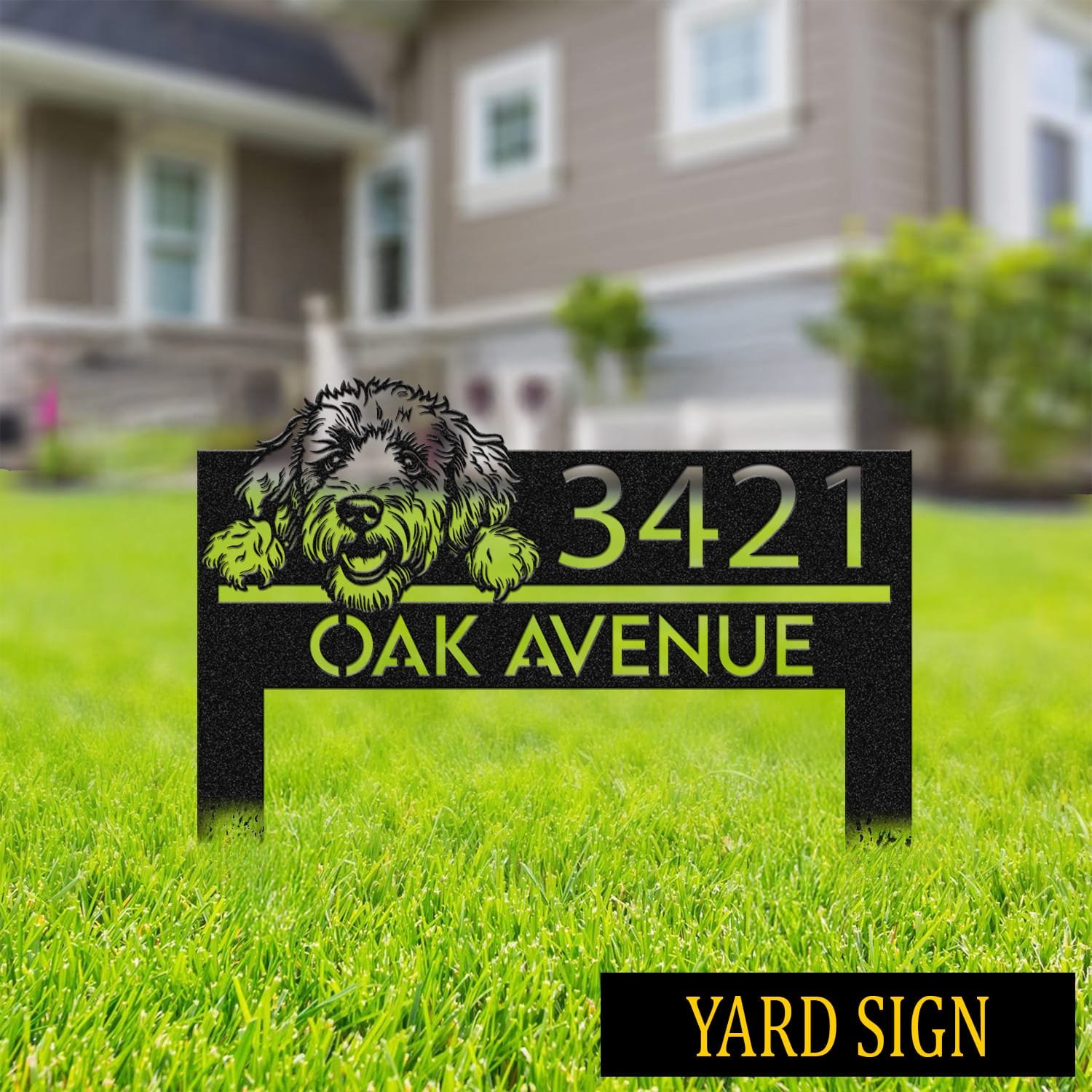 Goldendoodle address sign on stakes in a grassy front yard with a house in the background