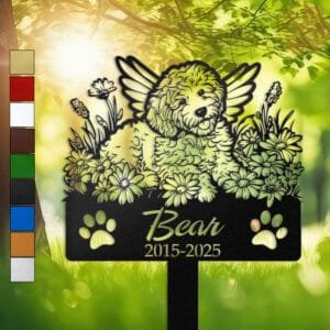 Goldendoodle silhouette with angel wings surrounded by a daisy floral border on a personalized metal garden stake, with paw print cutouts at the base.