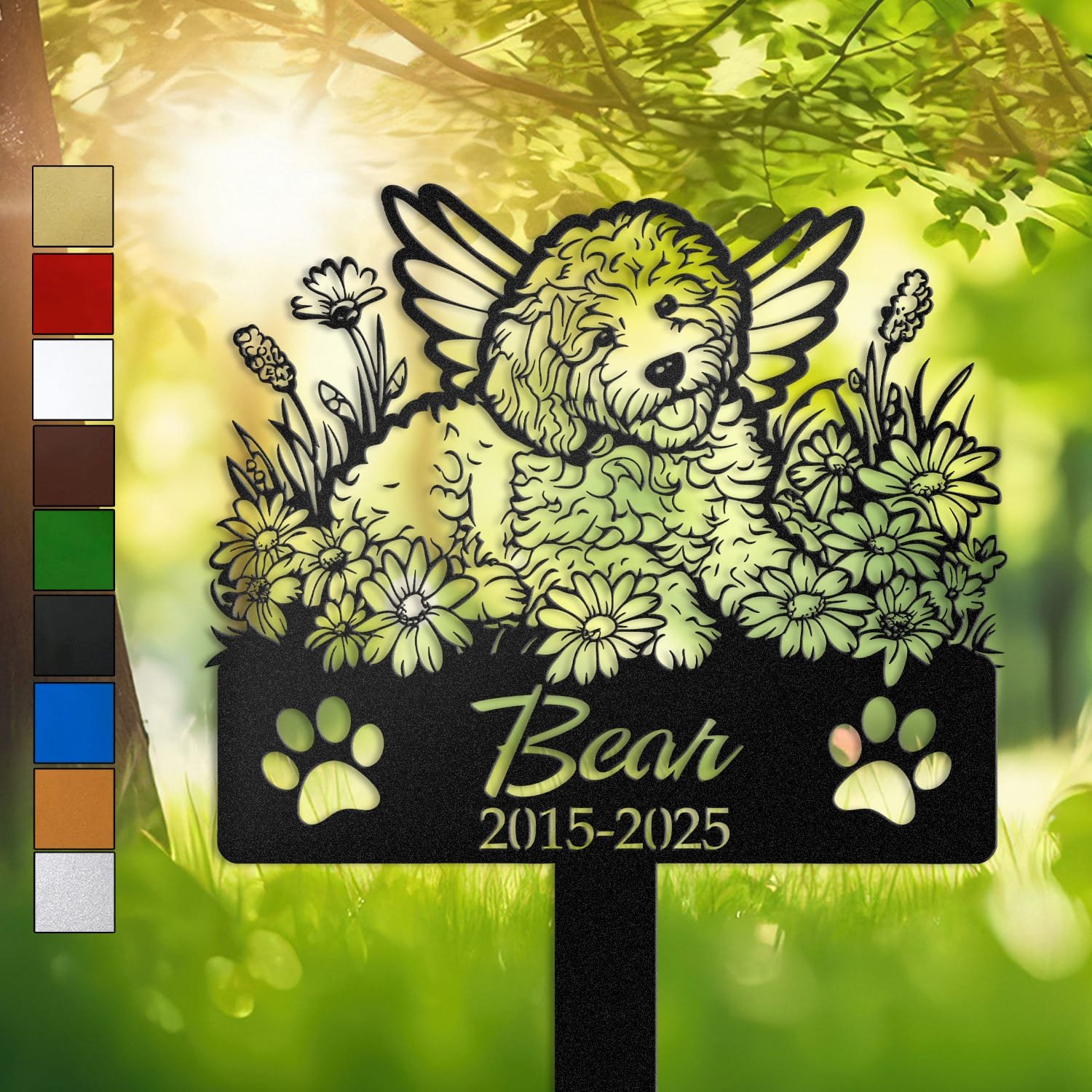 Goldendoodle silhouette with angel wings surrounded by a daisy floral border on a personalized metal garden stake, with paw print cutouts at the base.