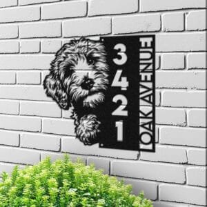 Personalized Goldendoodle address sign with a curly-coated Goldendoodle face peeking over a vertical house number plaque reading 3421 Oak Avenue