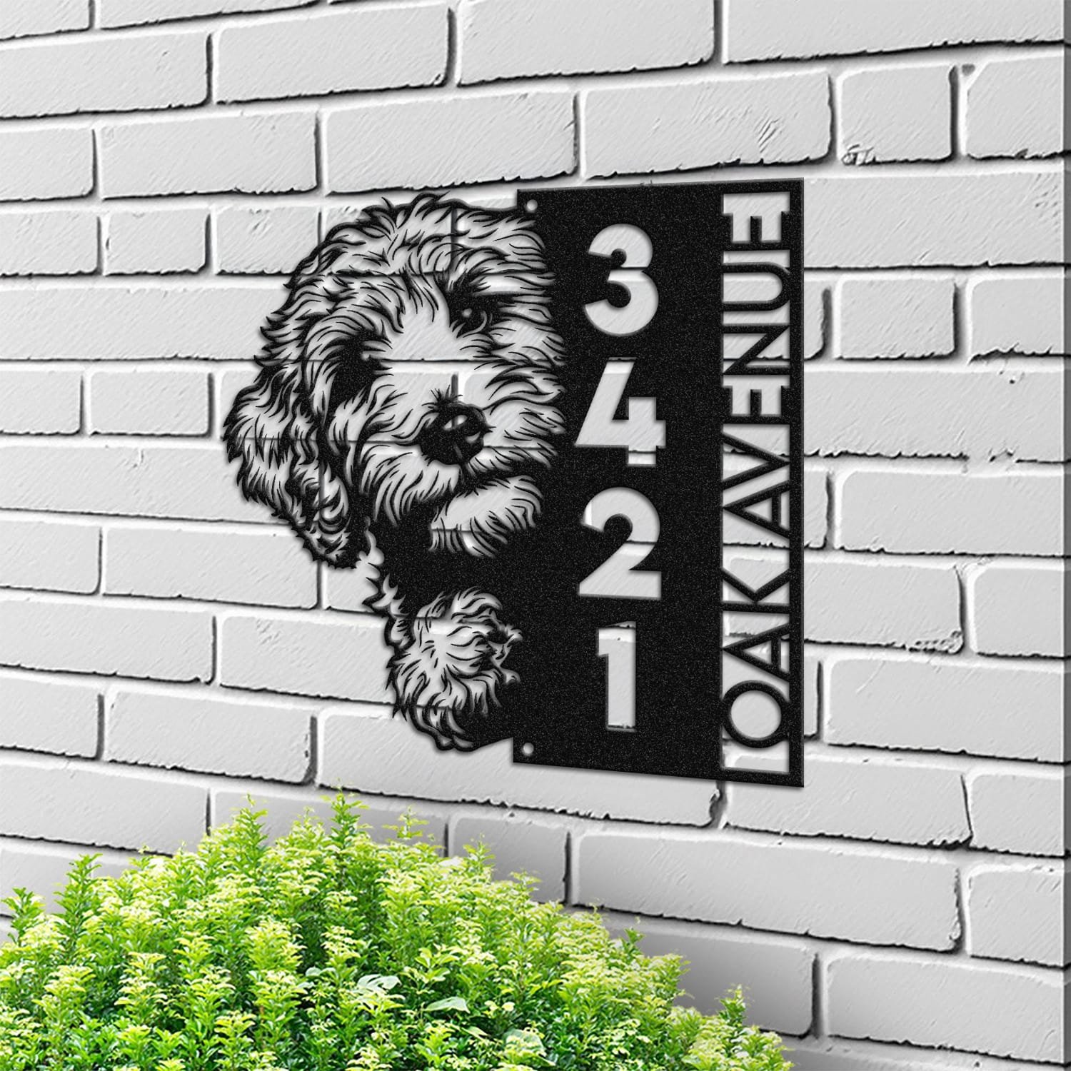 Personalized Goldendoodle address sign with a curly-coated Goldendoodle face peeking over a vertical house number plaque reading 3421 Oak Avenue