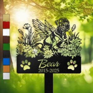 Personalized Great Dane metal pet grave marker with angel wings and daisy flowers, displayed in a sunlit garden with color swatch options