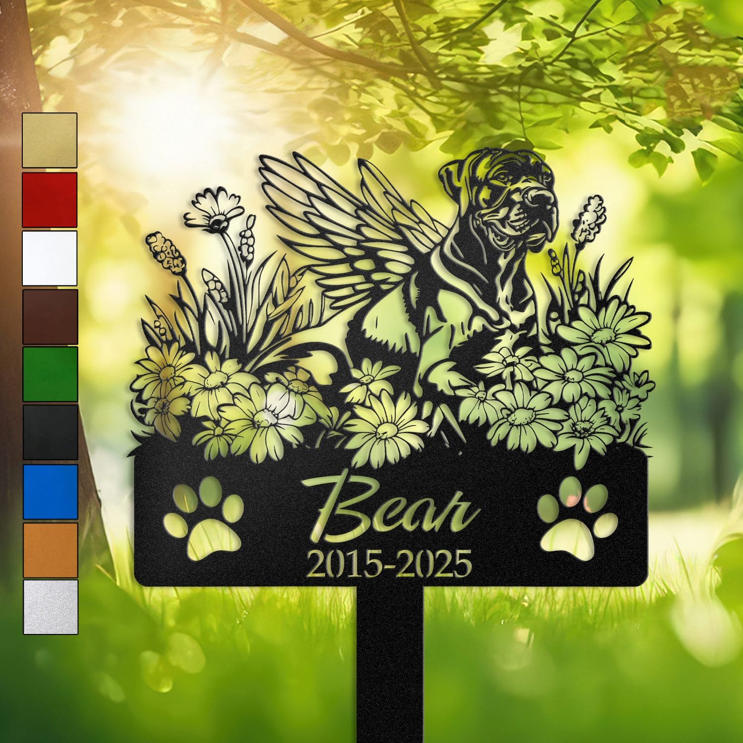 Personalized Great Dane metal pet grave marker with angel wings and daisy flowers, displayed in a sunlit garden with color swatch options