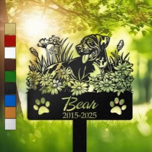 Personalized Great Dane metal pet grave marker in a peaceful resting pose surrounded by daisy flowers, displayed in a sunlit garden with color swatch options