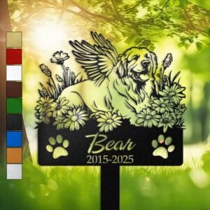 Great Pyrenees silhouette with angel wings surrounded by a daisy floral border on a personalized metal garden stake, with paw print cutouts at the base.
