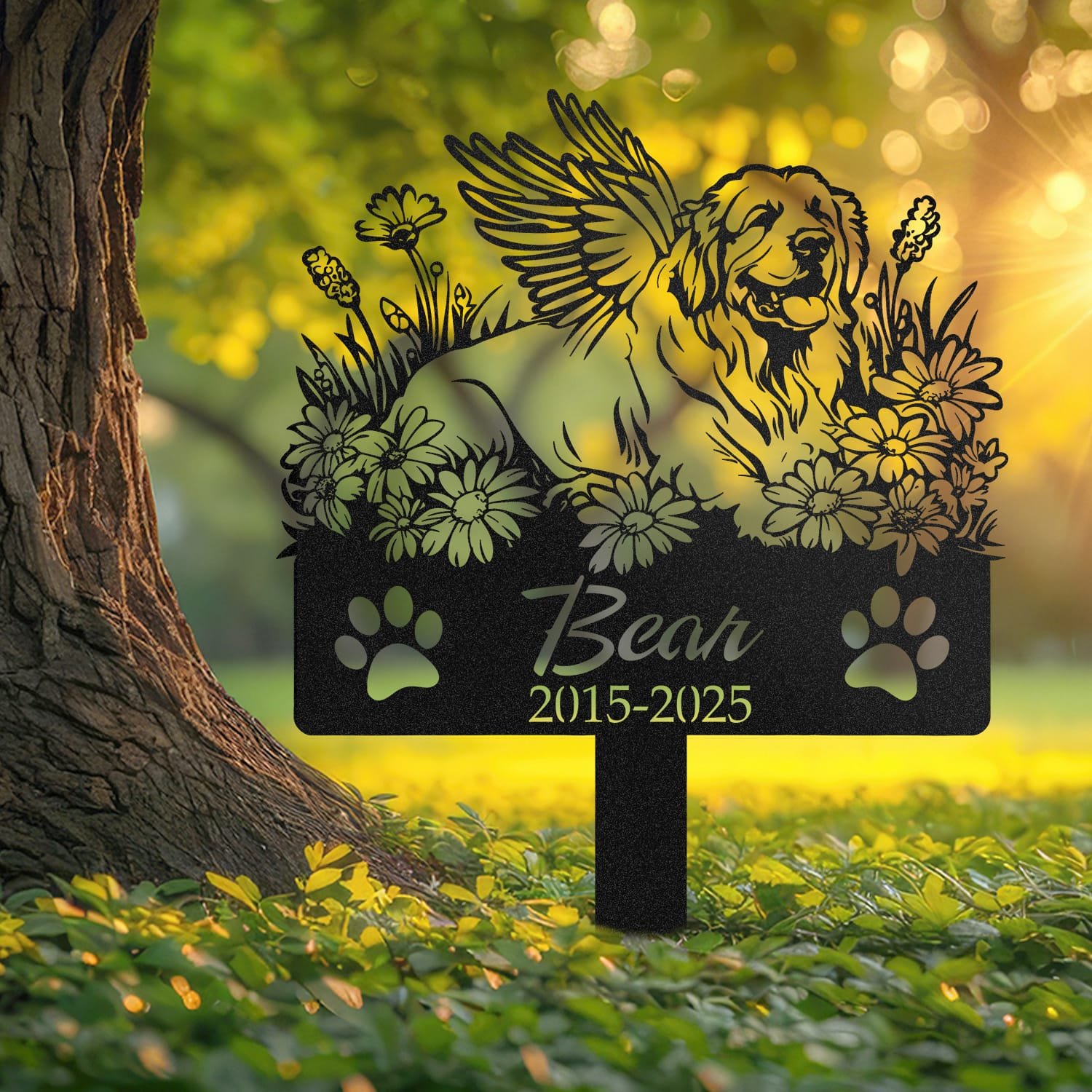 Great Pyrenees pet grave marker displayed outdoors in a garden setting, showing the personalized angel wings and daisy floral design in place on the stake.