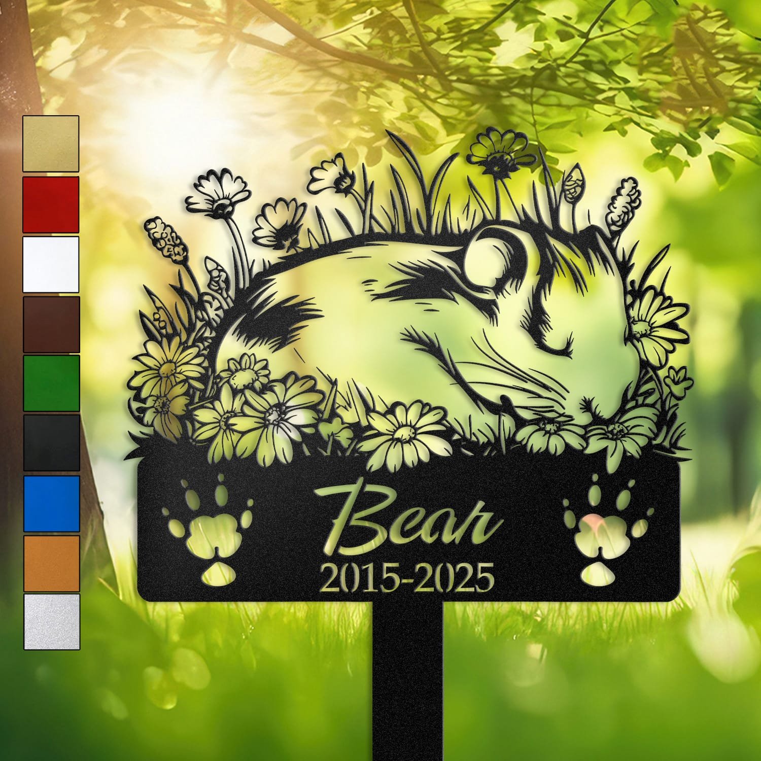 Guinea pig resting in a peaceful sleeping pose within a daisy floral border on a personalized metal garden stake, with paw print cutouts at the base.