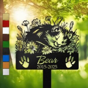 Hamster resting in a peaceful sleeping pose within a daisy floral border on a personalized metal garden stake, with paw print cutouts at the base.