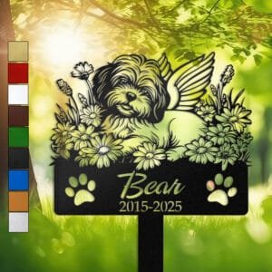 Havanese resting in a peaceful sleeping pose within a daisy floral border on a personalized metal garden stake, with paw print cutouts at the base.
