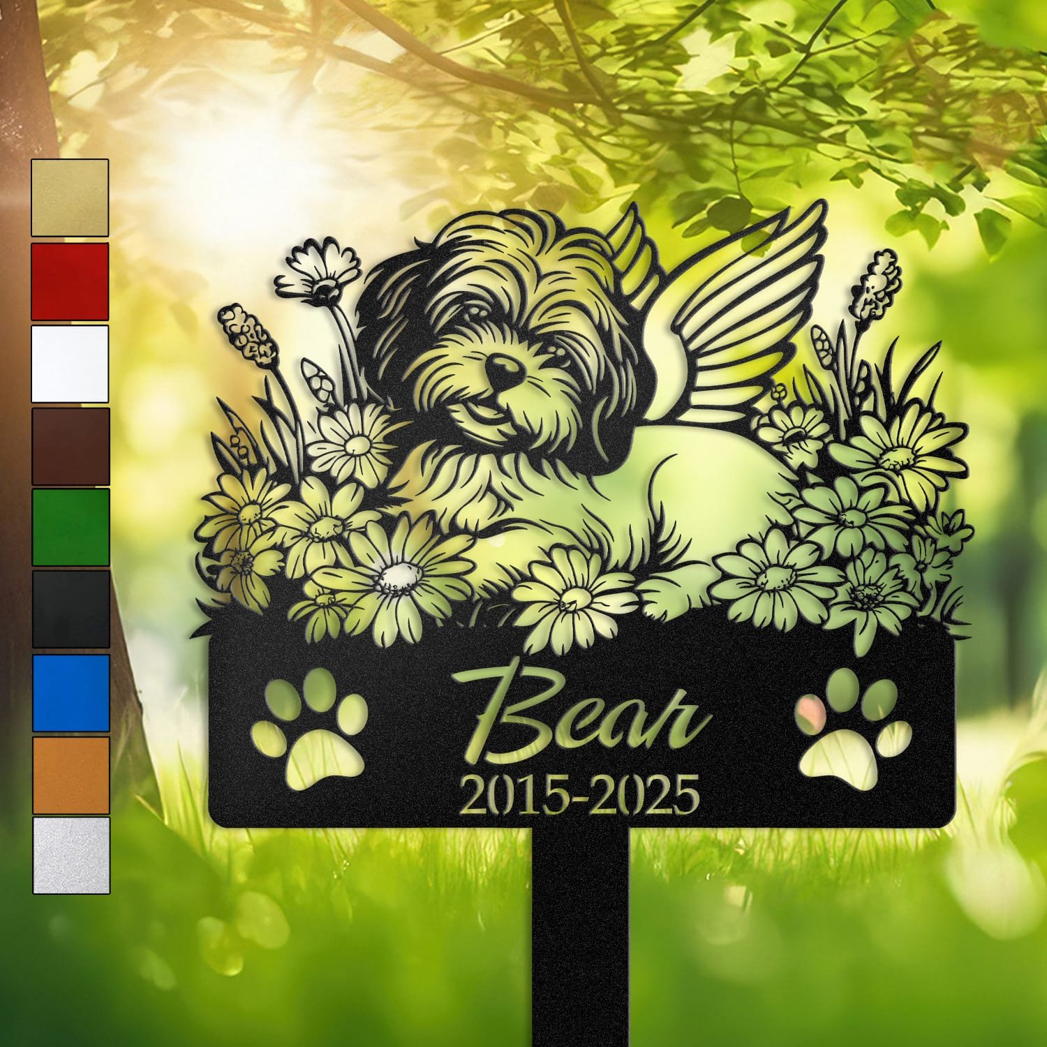Havanese resting in a peaceful sleeping pose within a daisy floral border on a personalized metal garden stake, with paw print cutouts at the base.