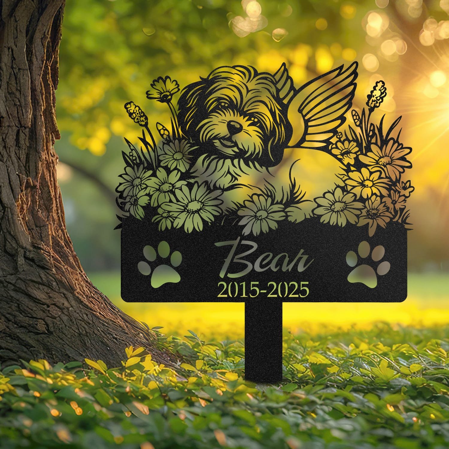 Havanese pet grave marker displayed outdoors in a garden setting, showing the personalized sleeping-pose daisy floral design in place on the stake.