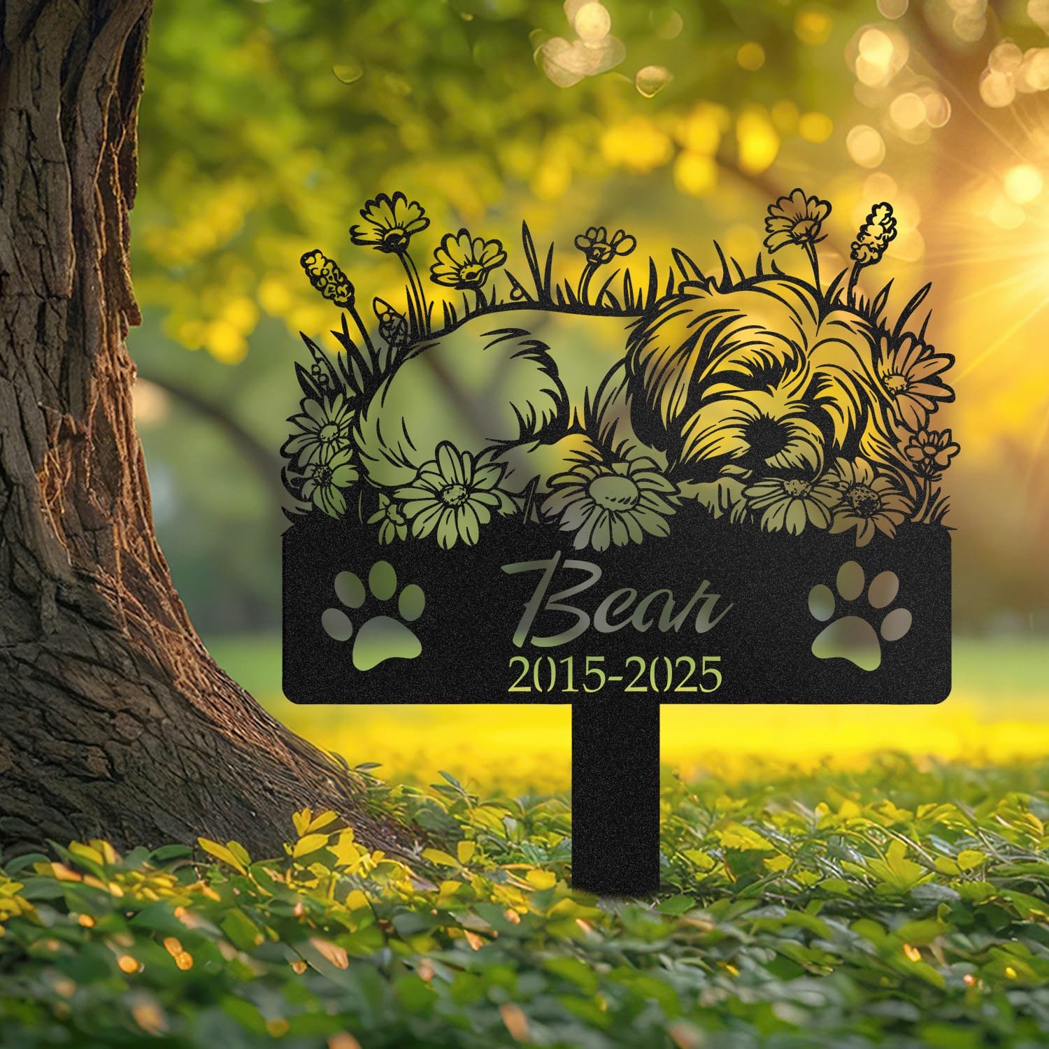 Havanese pet grave marker displayed outdoors in a garden setting, showing the personalized sleeping-pose daisy floral design in place on the stake.