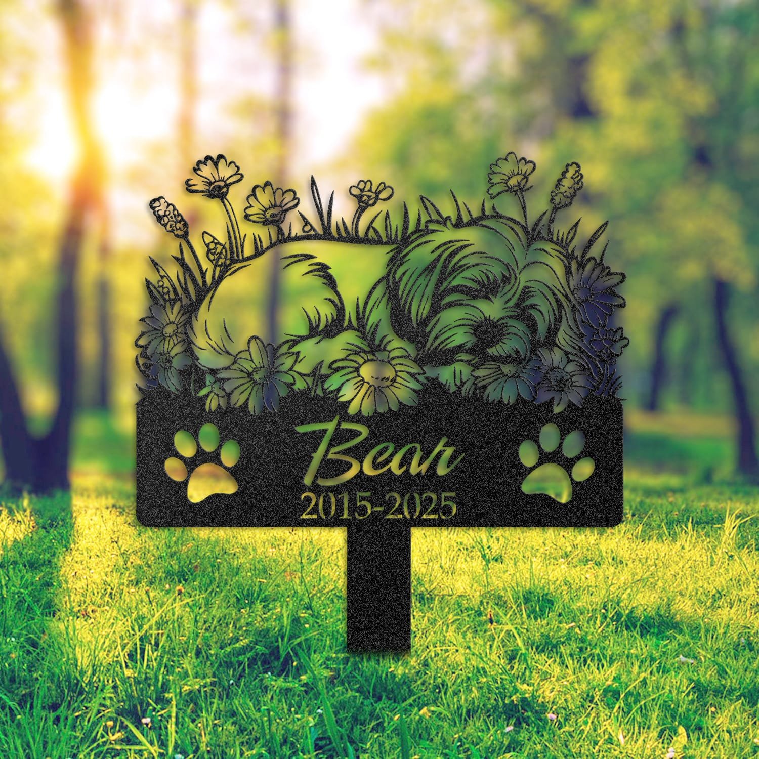Havanese pet grave marker staged near a home entryway, showing the finished sleeping-pose daisy floral design and name plate outdoors.