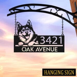 Personalized Husky address sign mounted on a brick wall, reading 3421 Oak Avenue