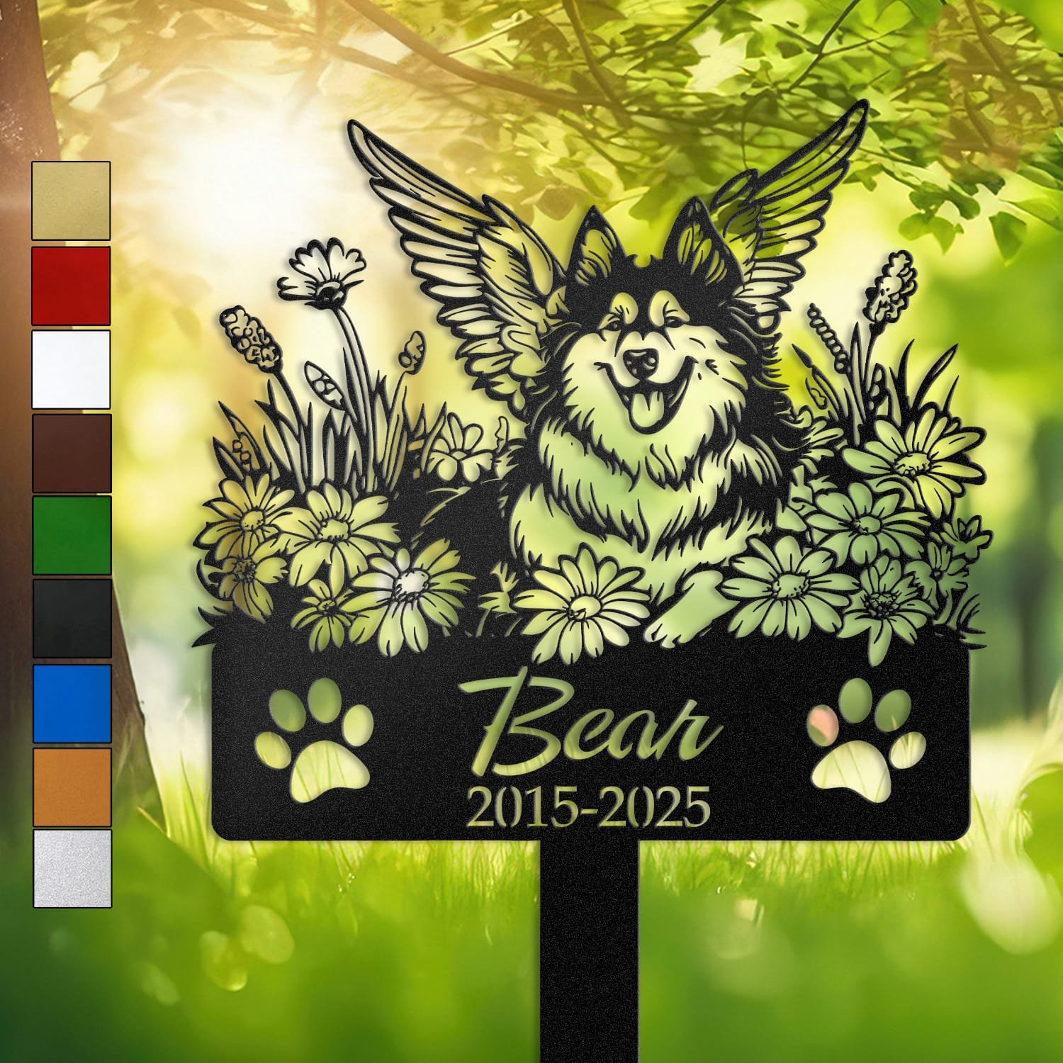 Husky silhouette with angel wings surrounded by a daisy floral border on a personalized metal garden stake, with paw print cutouts at the base.