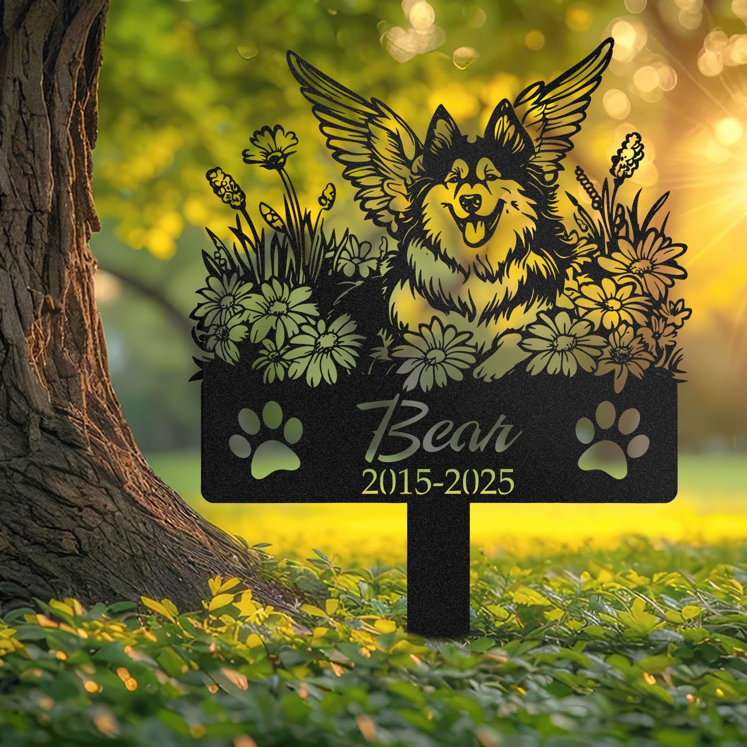 Husky pet grave marker displayed outdoors in a garden setting, showing the personalized angel wings and daisy floral design in place on the stake.