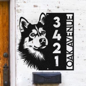 Personalized Husky address sign with an alert Husky face peeking over a vertical house number plaque reading 3421 Oak Avenue