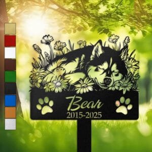 Husky resting in a peaceful sleeping pose within a daisy floral border on a personalized metal garden stake, with paw print cutouts at the base.