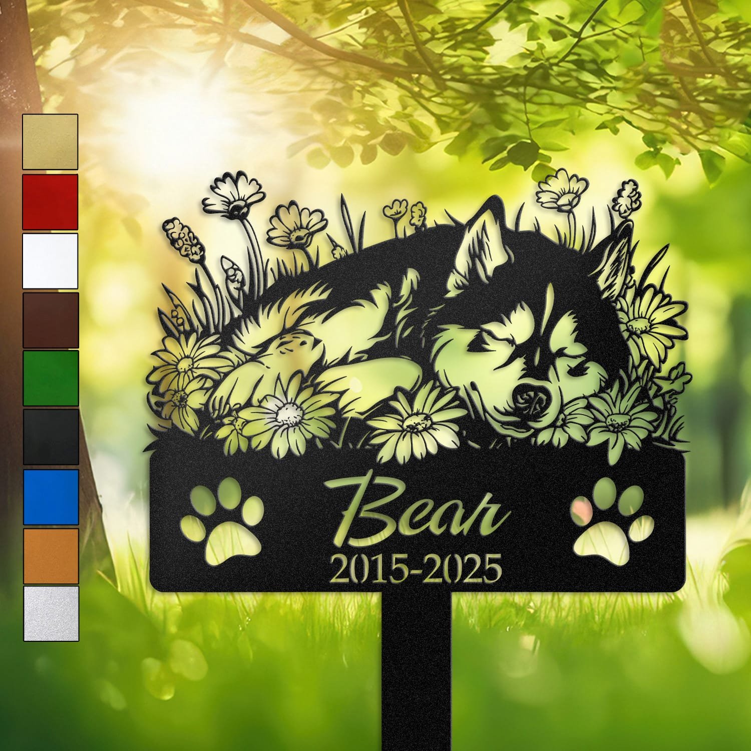 Husky resting in a peaceful sleeping pose within a daisy floral border on a personalized metal garden stake, with paw print cutouts at the base.