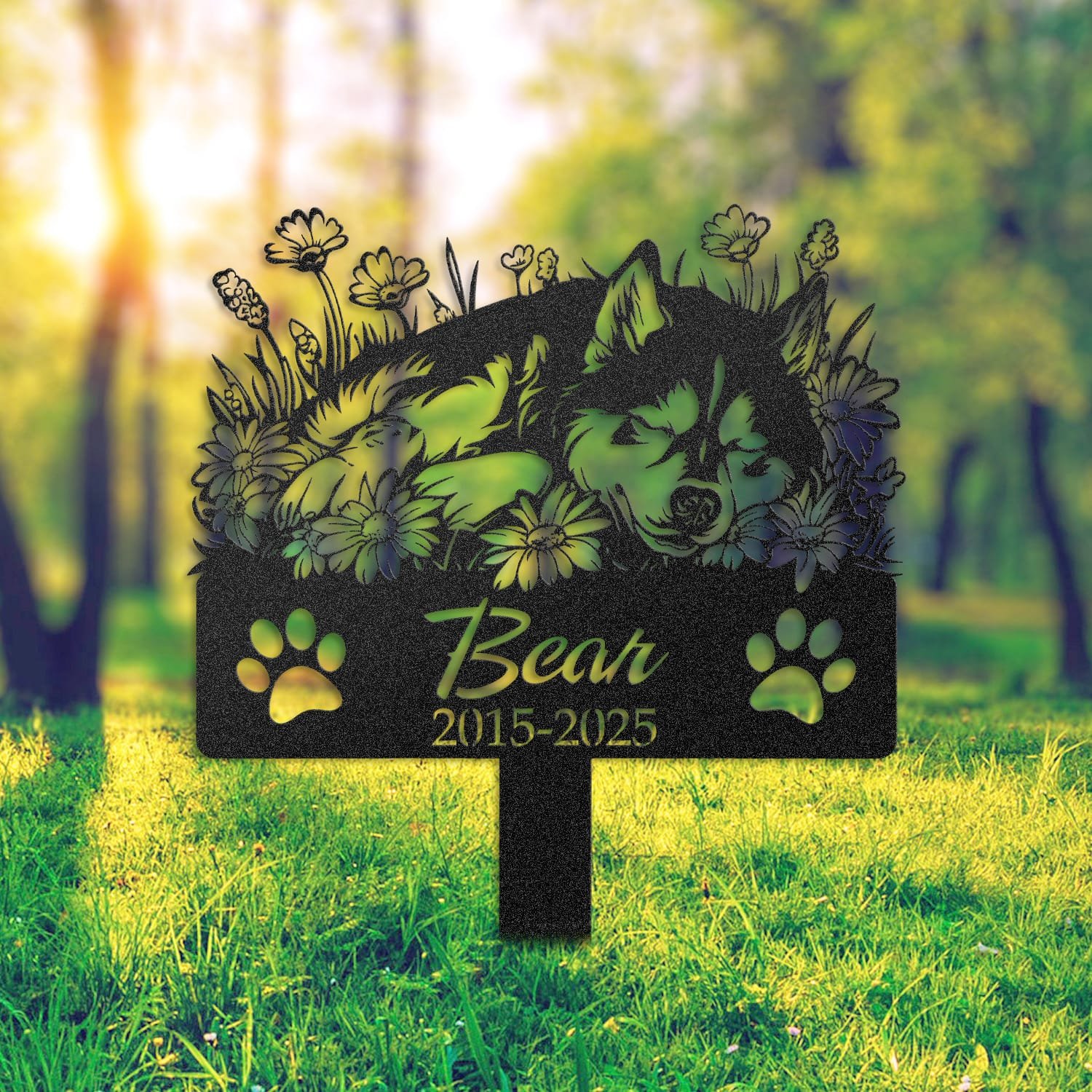 Husky pet grave marker staged near a home entryway, showing the finished sleeping-pose daisy floral design and name plate outdoors.