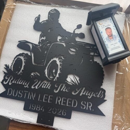 Personalized ATV Human Grave Marker, Motorcycle Memorial Garden Stake, Riding With The Angels Rider Memorial Gift photo review