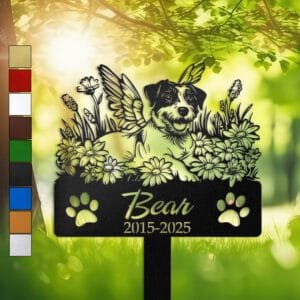 Jack Russell Terrier silhouette with angel wings surrounded by a daisy floral border on a personalized metal garden stake, with paw print cutouts at the base.