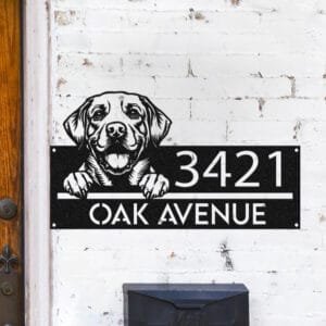 Personalized Labrador address sign mounted on a brick wall, reading 3421 Oak Avenue
