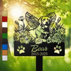 Labrador silhouette with angel wings surrounded by a daisy floral border on a personalized metal garden stake, with paw print cutouts at the base.