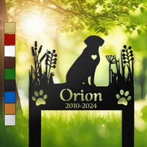 Labrador silhouette in a sitting pose with a heart cutout, framed by wild grasses on a personalized metal garden stake.