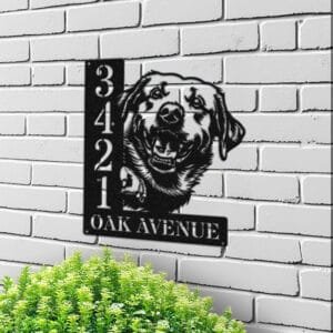 Personalized Labrador address sign with a Labrador face peeking over a vertical house number plaque reading 3421 Oak Avenue