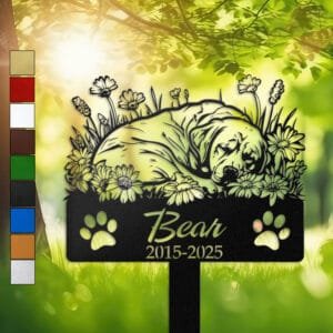 Labrador resting in a peaceful sleeping pose within a daisy floral border on a personalized metal garden stake, with paw print cutouts at the base.