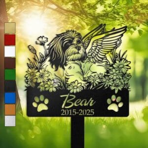 Lhasa Apso silhouette with angel wings surrounded by a daisy floral border on a personalized metal garden stake, with paw print cutouts at the base.