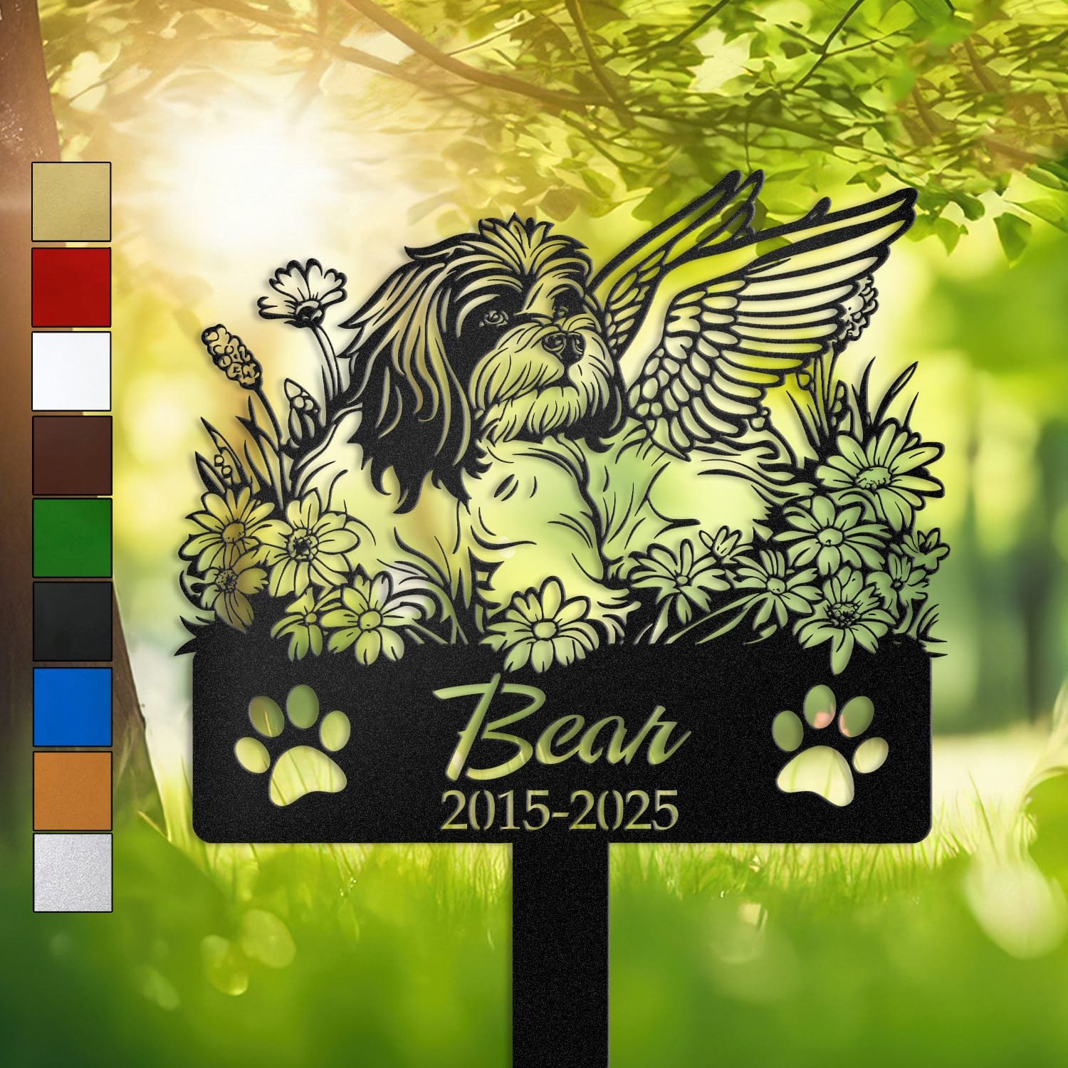 Lhasa Apso silhouette with angel wings surrounded by a daisy floral border on a personalized metal garden stake, with paw print cutouts at the base.