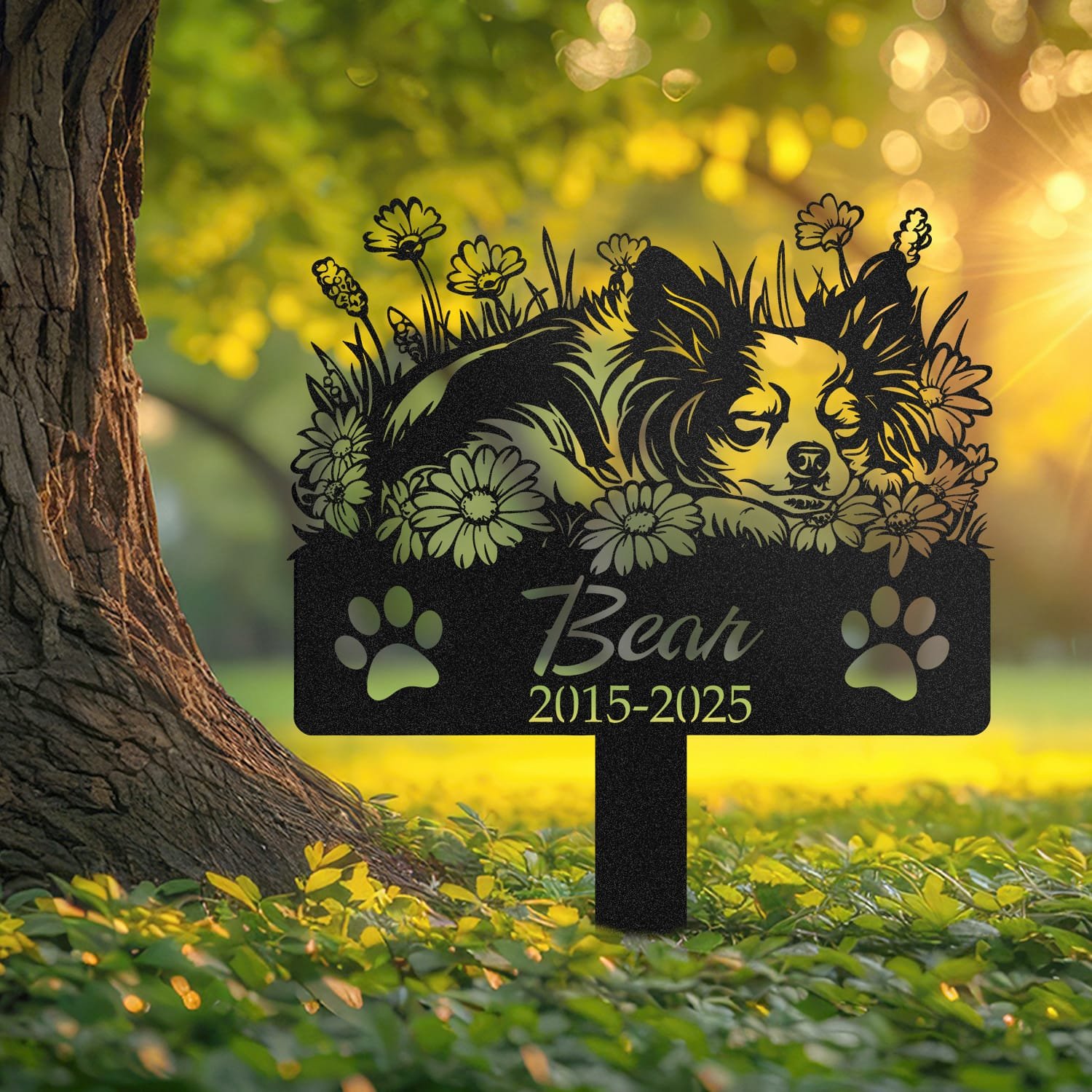 Long Hair Chihuahua resting in a peaceful sleeping pose within a daisy floral border on a personalized metal garden stake, with paw print cutouts at the base.
